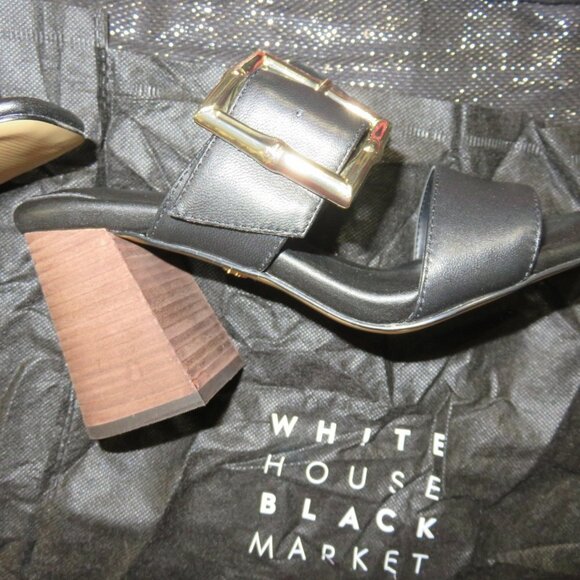 White House Black Market Bamboo Buckle Leather Mid-Heel Sandal size 7 Black NWT - Picture 7 of 16